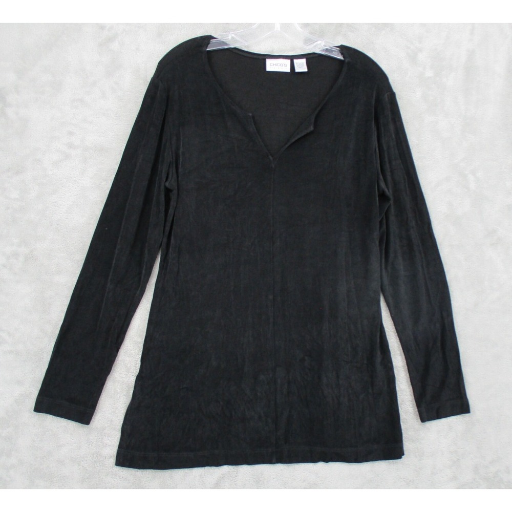Chicos Top Womens Size 1 M Black Travelers Slinky Knit Tunic Stretch Minimalist